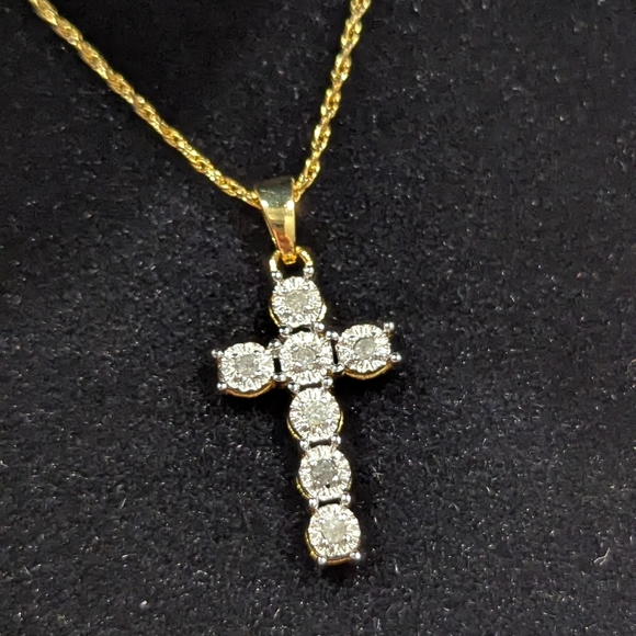 **EASTER! NWT Diamond Cross Necklace 1/10 Carat Yellow Gold over Sterling 17